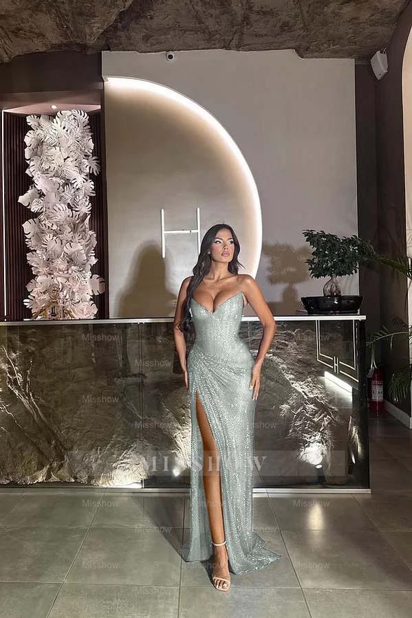 Sequin Strapless Sleeveless Long Split Formal Dress With Pleated