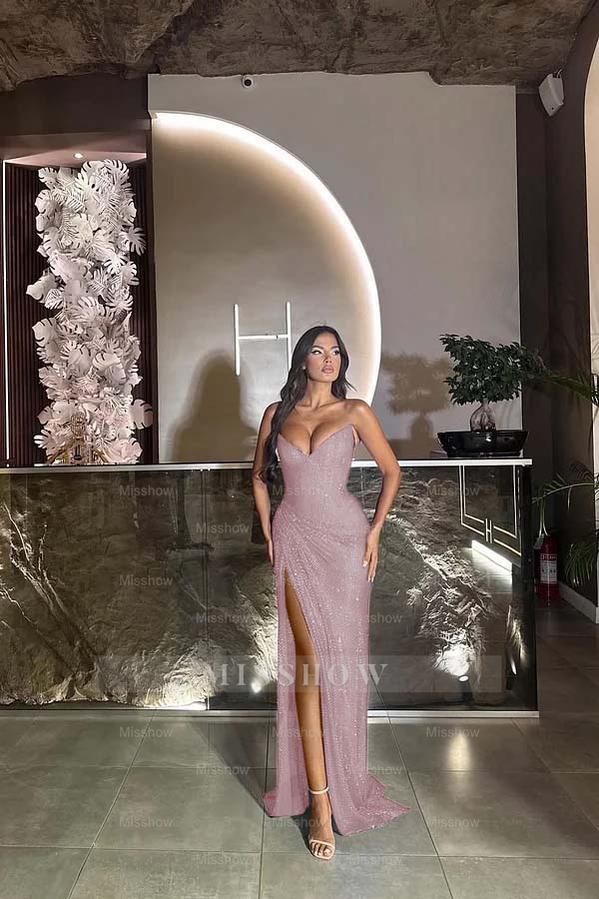 Sequin Strapless Sleeveless Long Split Formal Dress With Pleated