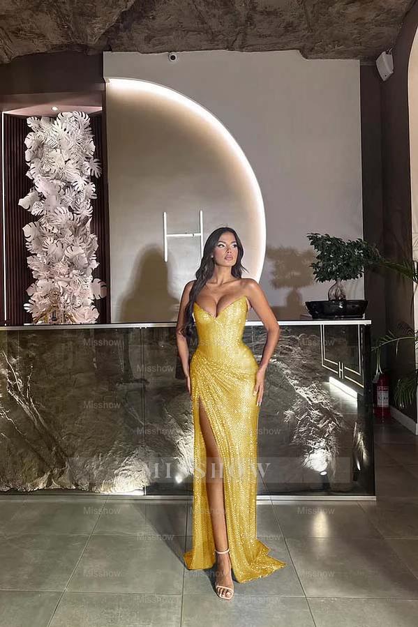 Sequin Strapless Sleeveless Long Split Formal Dress With Pleated