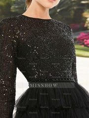 Sequin-Tiered Tea-Length A-Line Dress with Jewel Neckline and Long Sleeves for the Mother of the Bride