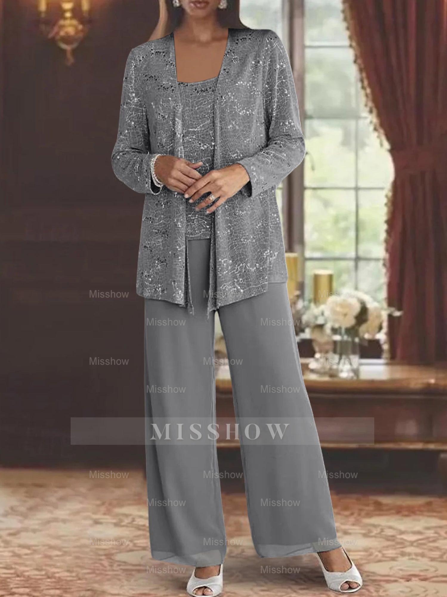 Sequined Chiffon Pantsuits for the Mother of the Bride with Jacket