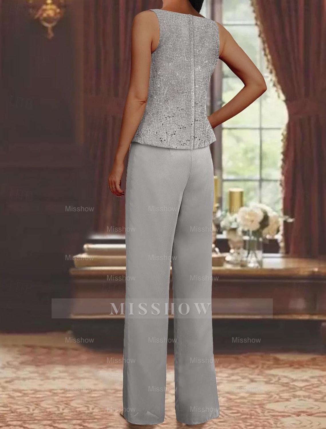 Sequined Chiffon Pantsuits for the Mother of the Bride with Jacket
