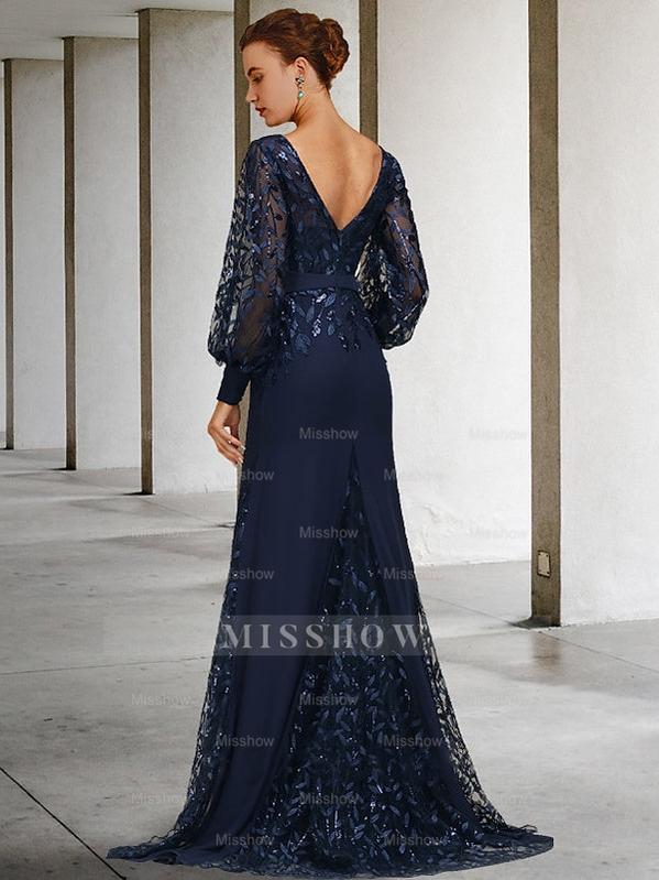 Sequined Floor-Length Mother of the Bride Dress with Scoop Neck and Long Sleeves