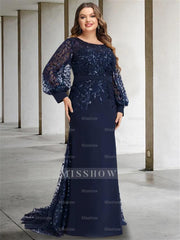 Sequined Floor-Length Mother of the Bride Dress with Scoop Neck and Long Sleeves