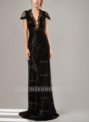 Sequined Plunge V-Neck Floor-Length Mother of the Bride Dress with Lace and Slit