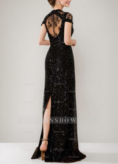 Sequined Plunge V-Neck Floor-Length Mother of the Bride Dress with Lace and Slit