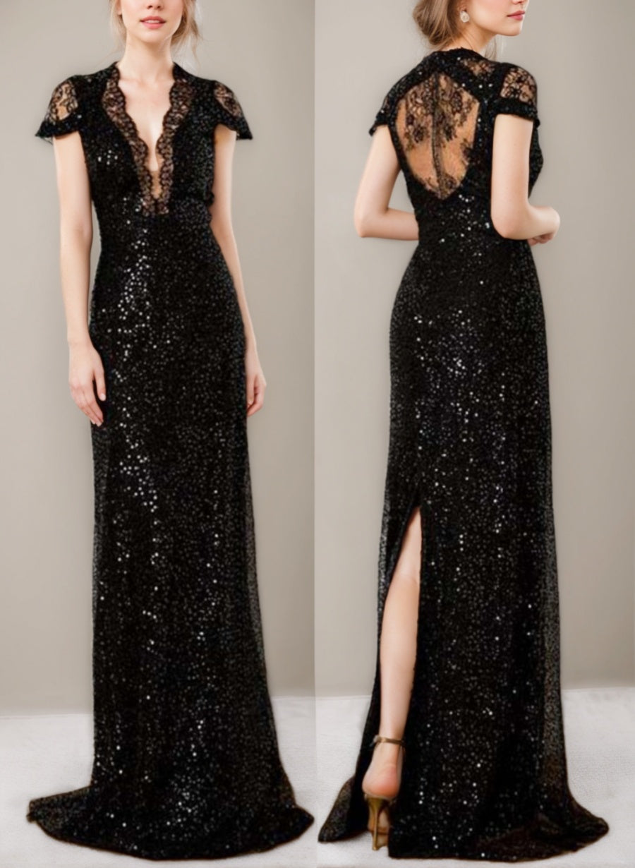 Sequined Plunge V-Neck Floor-Length Mother of the Bride Dress with Lace and Slit