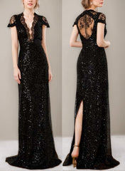 Sequined Plunge V-Neck Floor-Length Mother of the Bride Dress with Lace and Slit