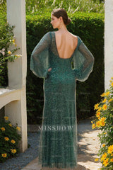 Sequined Scoop-Neck Sheath Dress with Long Sleeves for Mothers of the Bride & Groom