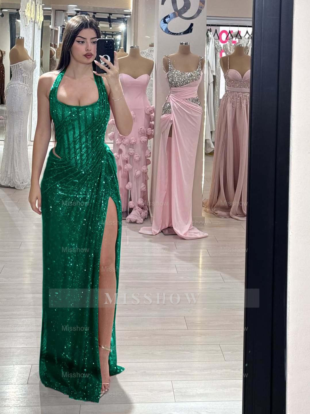 Sequins Halter Sleeveless Long Mermaid Formal Dress With Split