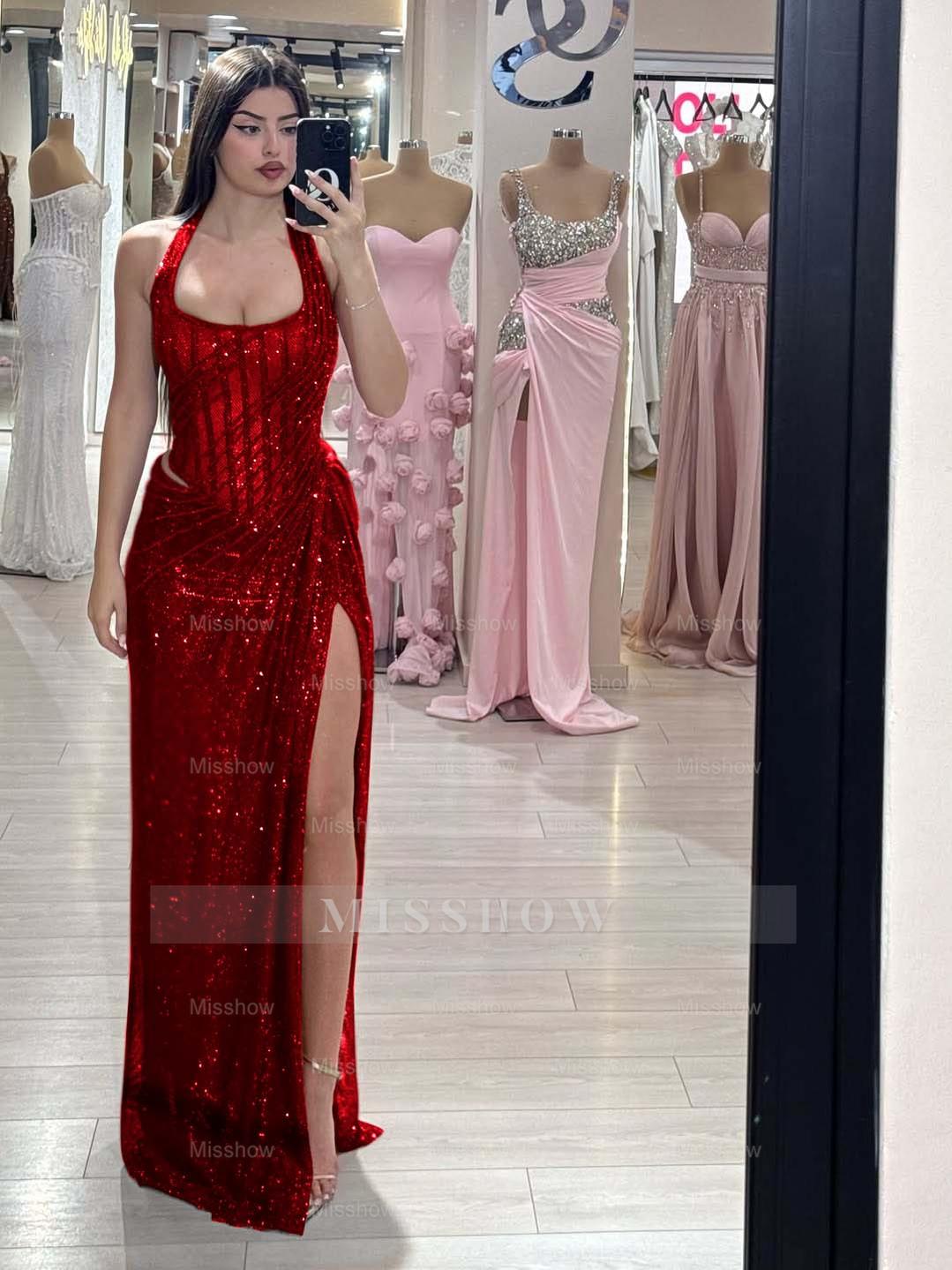 Sequins Halter Sleeveless Long Mermaid Formal Dress With Split