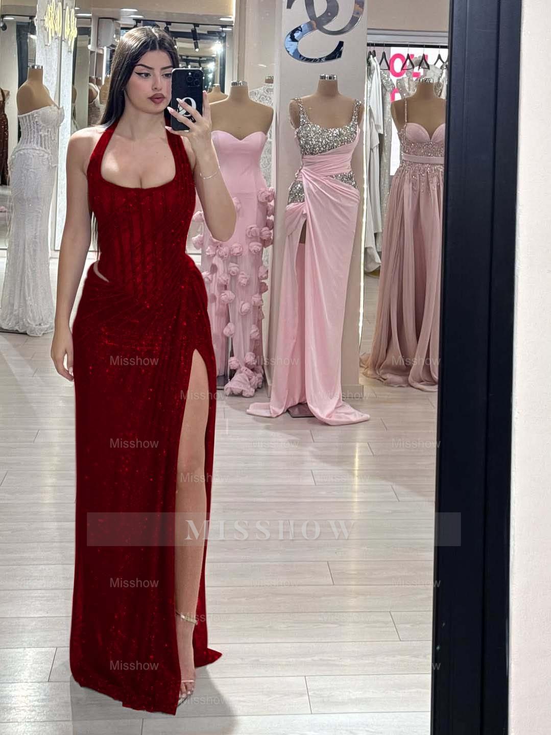 Sequins Halter Sleeveless Long Mermaid Formal Dress With Split