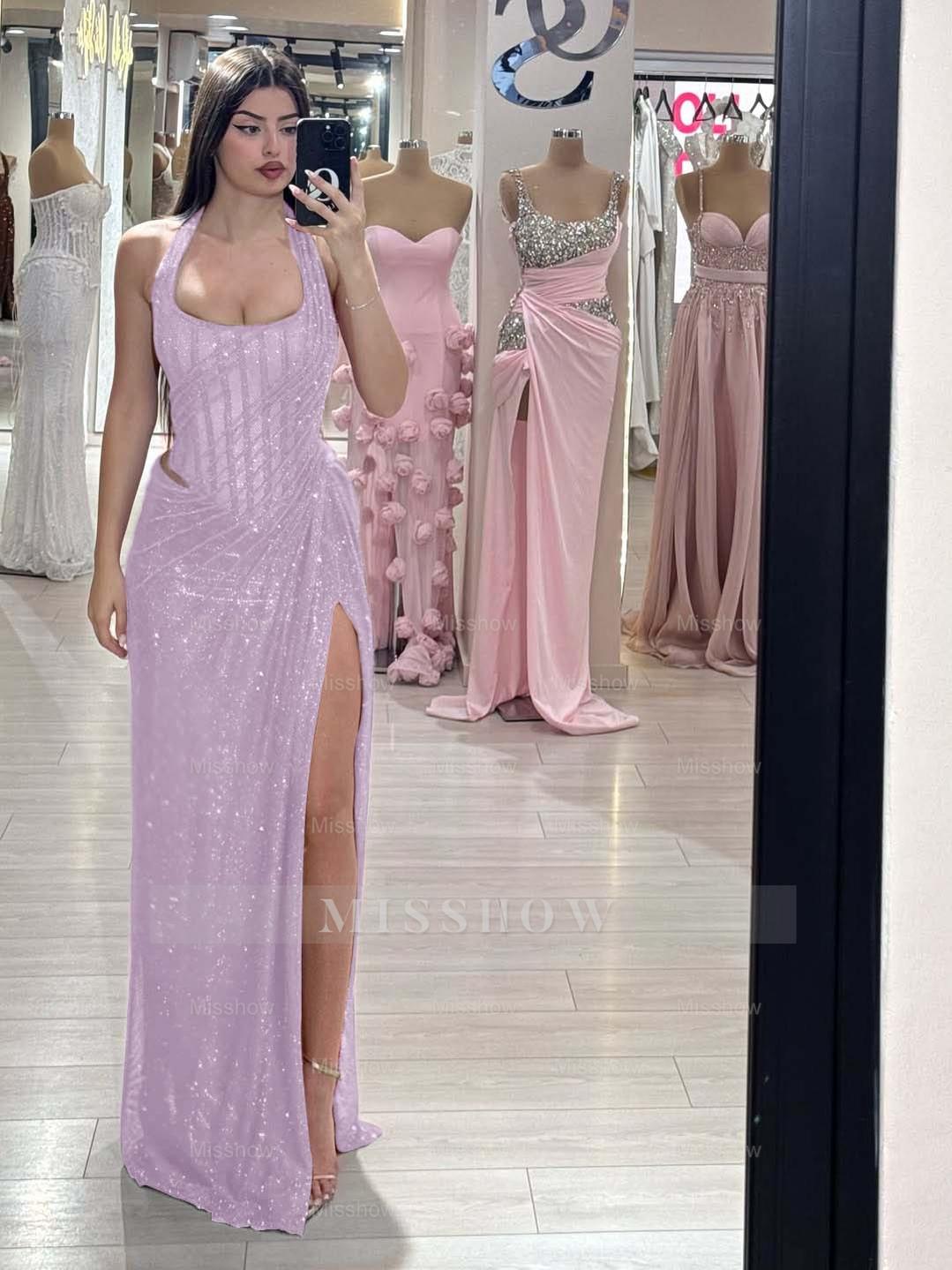 Sequins Halter Sleeveless Long Mermaid Formal Dress With Split