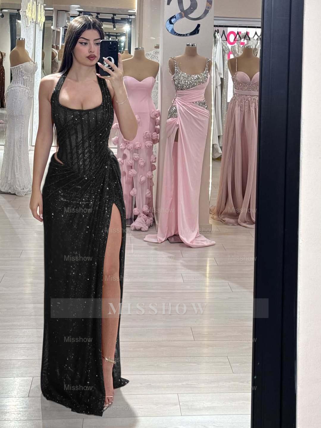 Sequins Halter Sleeveless Long Mermaid Formal Dress With Split