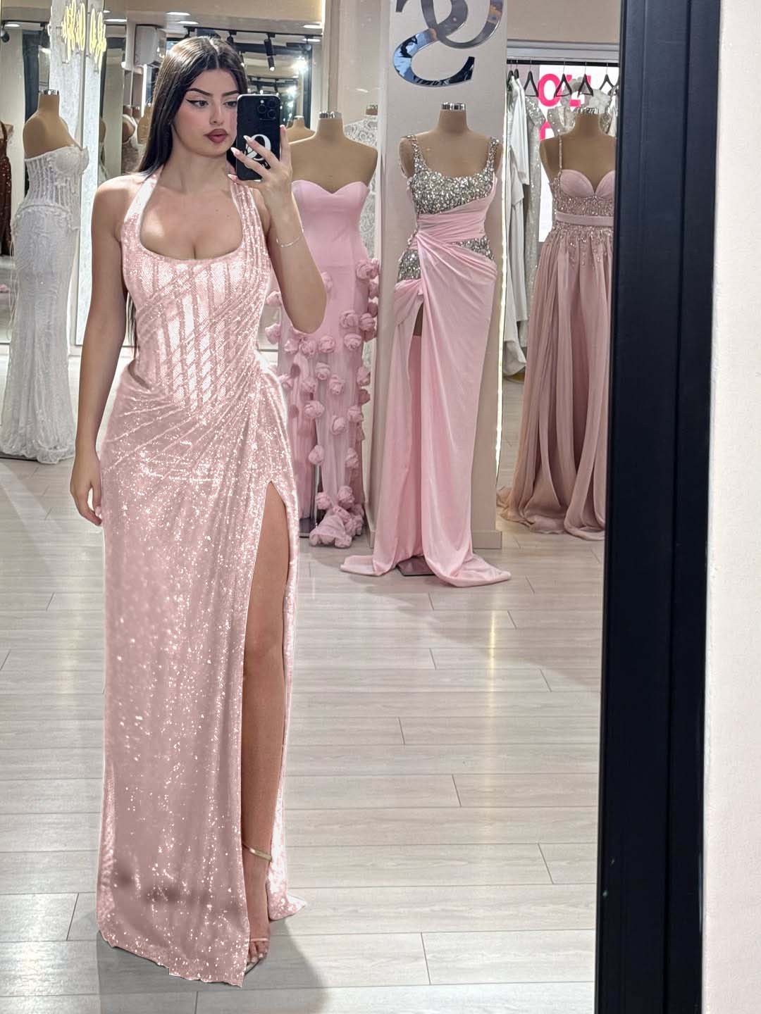 Sequins Halter Sleeveless Long Mermaid Formal Dress With Split