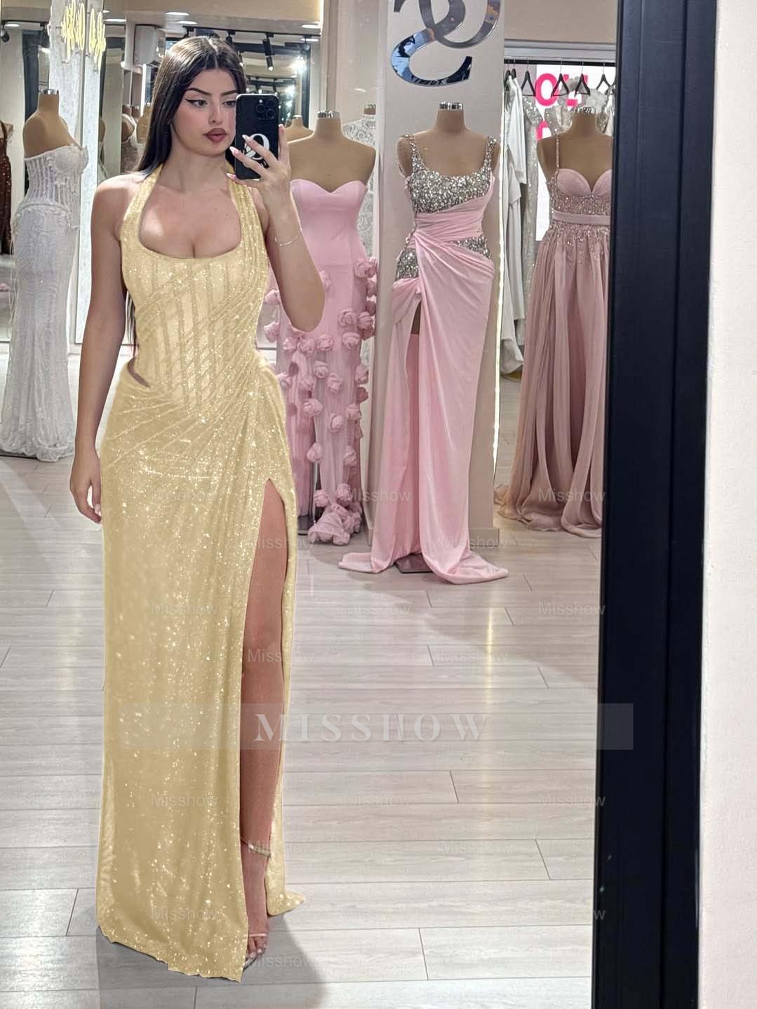 Sequins Halter Sleeveless Long Mermaid Formal Dress With Split