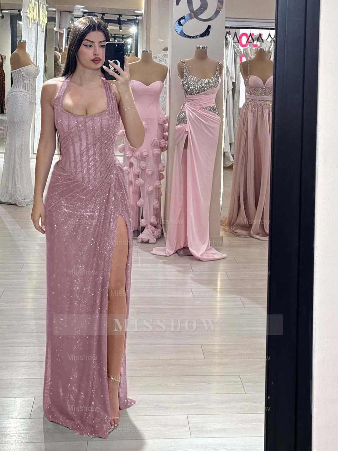 Sequins Halter Sleeveless Long Mermaid Formal Dress With Split