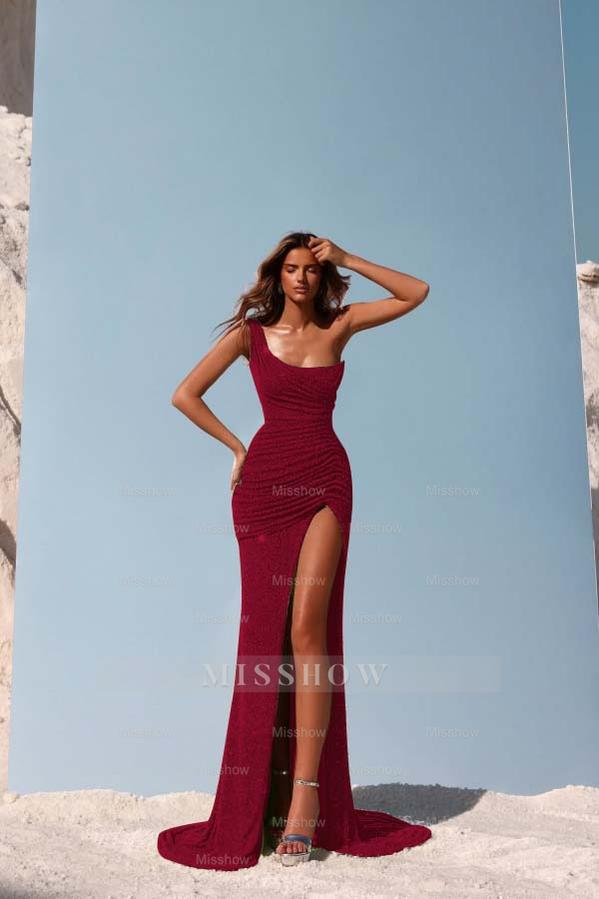 Sequins One Shoulder Sleeveless Long Formal Dress With Split Pleated