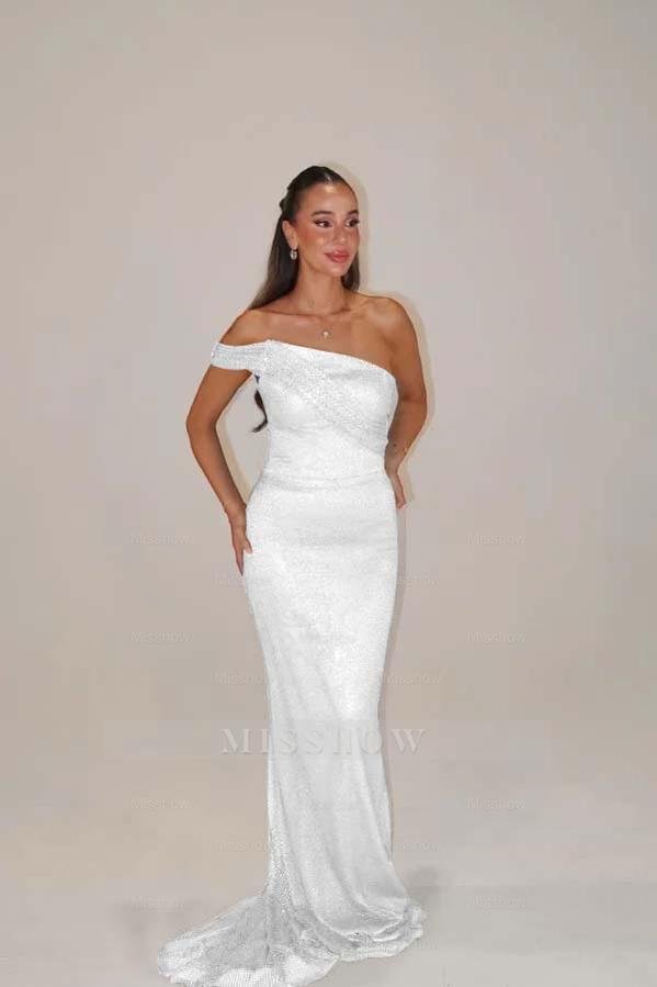 Sequins One Shoulder Sleeveless Long Mermaid Formal Dress With Pleated