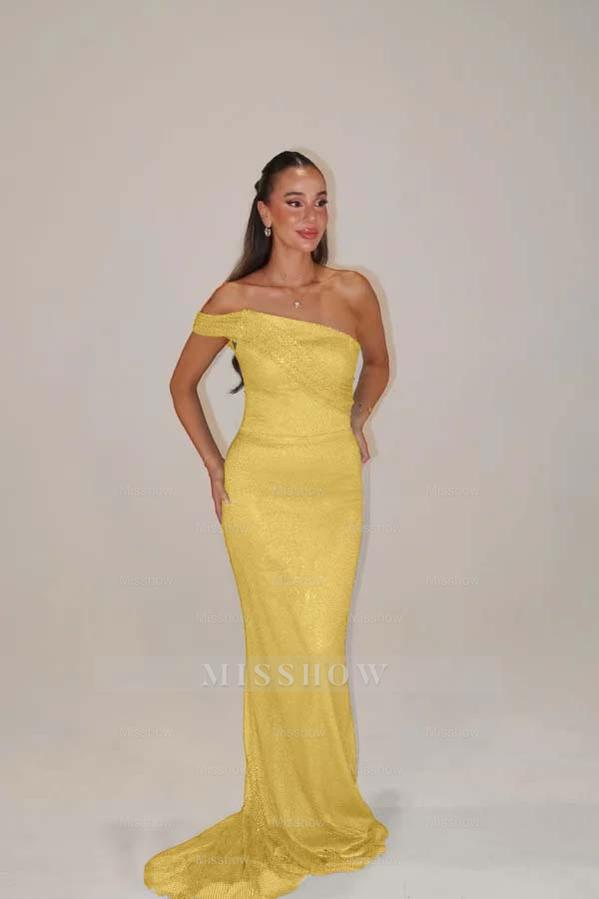 Sequins One Shoulder Sleeveless Long Mermaid Formal Dress With Pleated