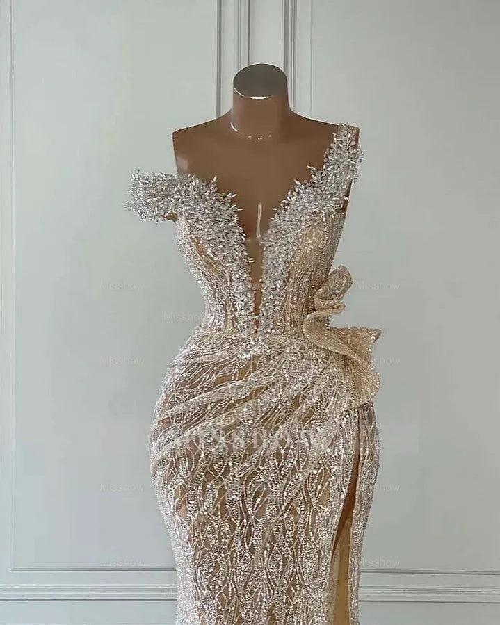 Sequins One Shoulder Sleeveless Long Mermaid Formal Dress With Split