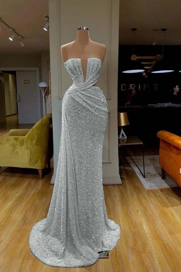 Sequins Sleeveless Gorgeous White Strapless Formal Dress With Pleated Online