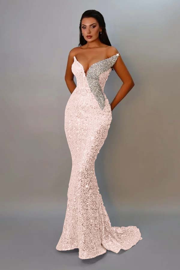 Sequins Strapless Sleeveless Long Mermaid Formal Dress With Pleated