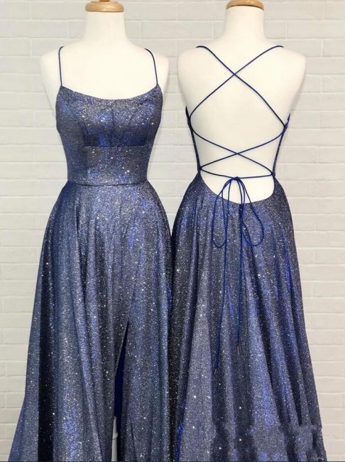 Sexy A-line Spaghetti Straps Ruffles Prom Evening Dresses with Slit