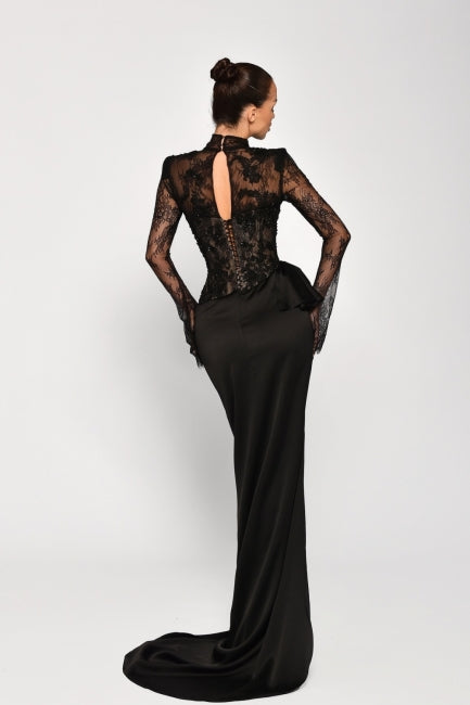 Sexy Black Mermaid High-Neck Long Sleeves Lace Panel Train Satin Ruffle Evening Dresses With High Slit