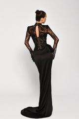 Sexy Black Mermaid High-Neck Long Sleeves Lace Panel Train Satin Ruffle Evening Dresses With High Slit