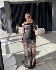 Sexy Black Off-The-Shoulder Long-Sleeve Column Evening Dress with Split