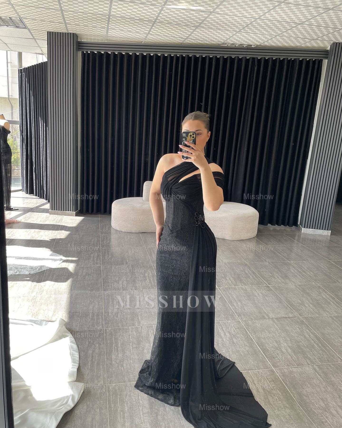 Sexy Black One Shoulder Sleeveless Mermaid Evening Dress with Appliques