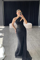 Sexy Black One Shoulder Sleeveless Mermaid Evening Dress with Appliques