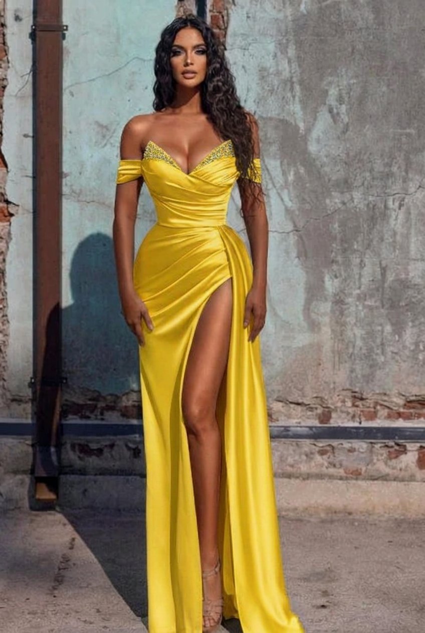 Yellow off-the-shoulder ruffled mermaid prom dress