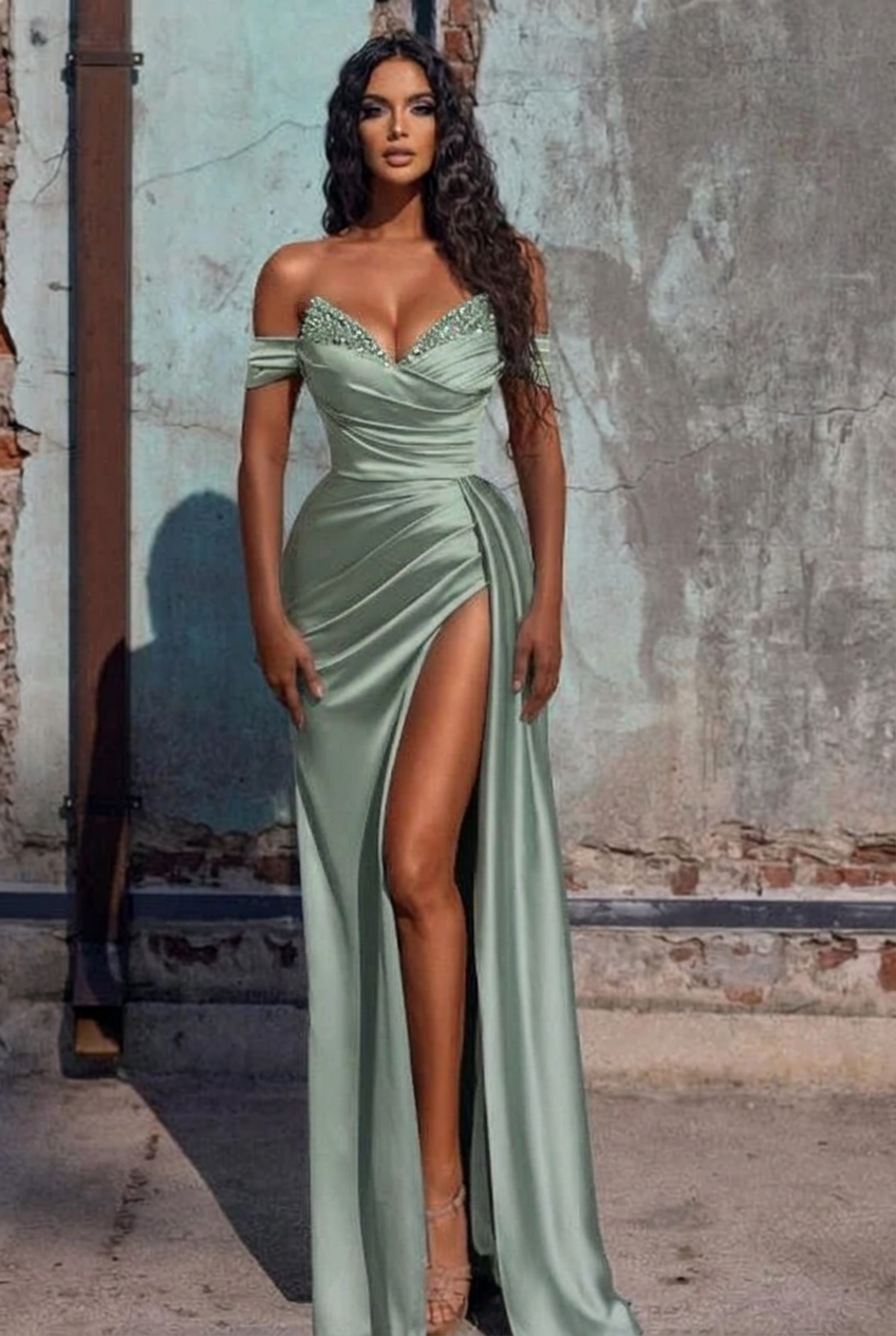 Dusty sage off-the-shoulder ruffled mermaid prom dress