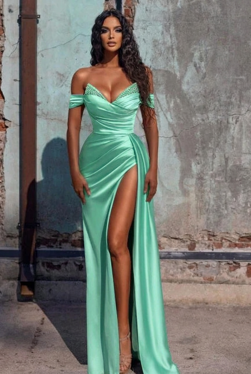 Mint green off-the-shoulder ruffled mermaid prom dress