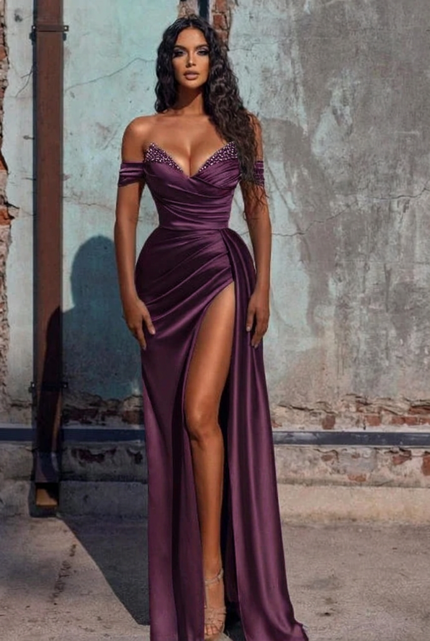 Grape off-the-shoulder ruffled mermaid prom dress