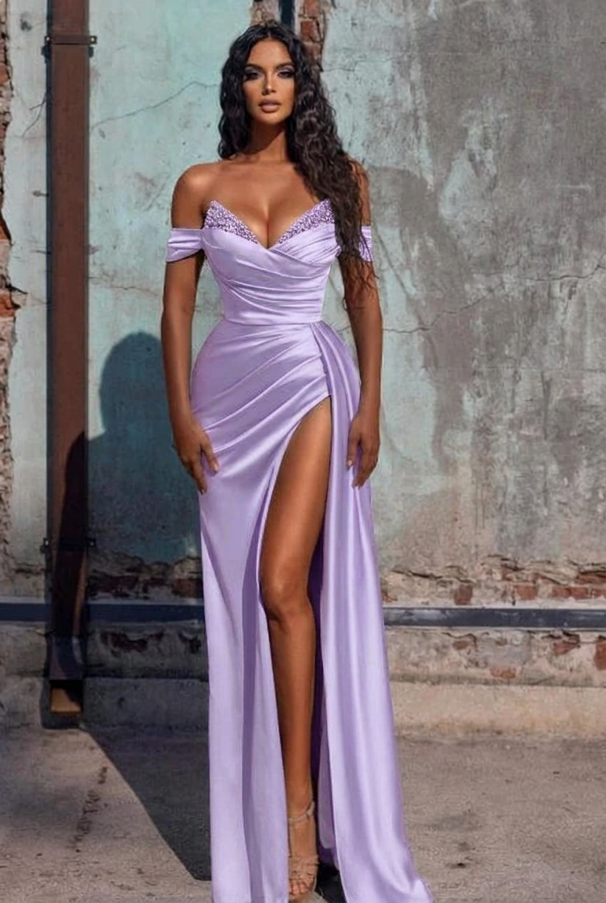 Lavender off-the-shoulder ruffled mermaid prom dress