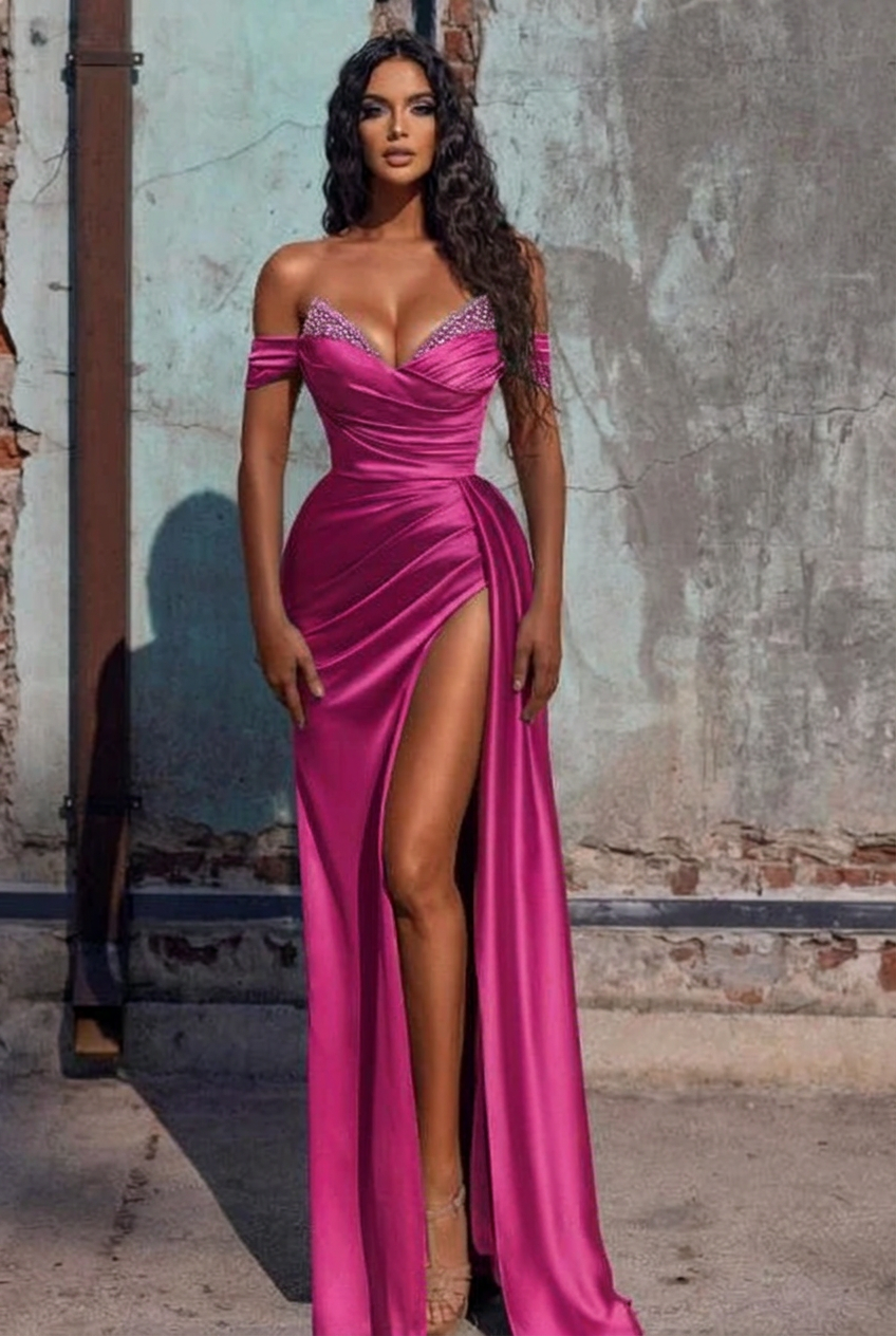 Fuchsia off-the-shoulder ruffled mermaid prom dress