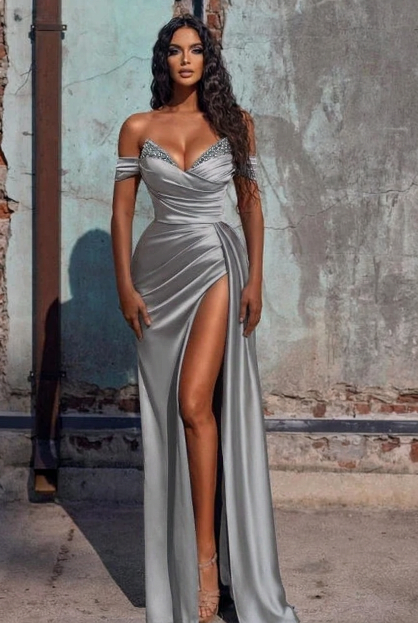 Silver off-the-shoulder ruffled mermaid prom dress