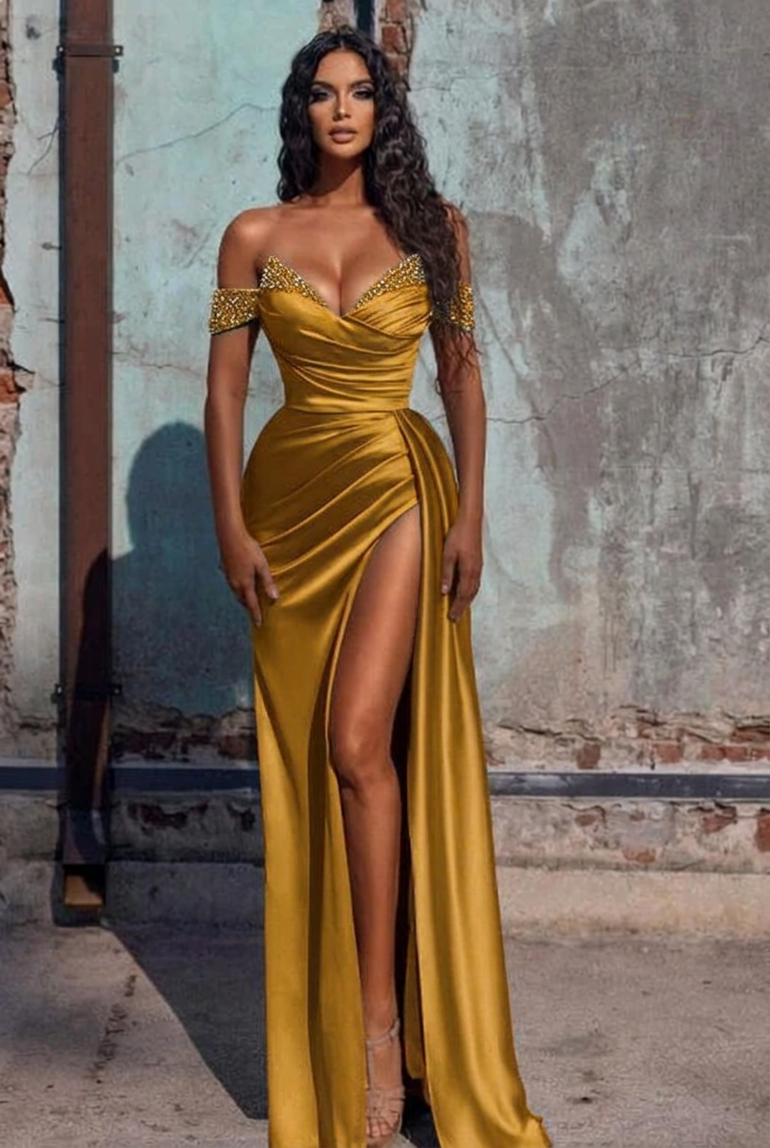 Gold off-the-shoulder ruffled mermaid prom dress