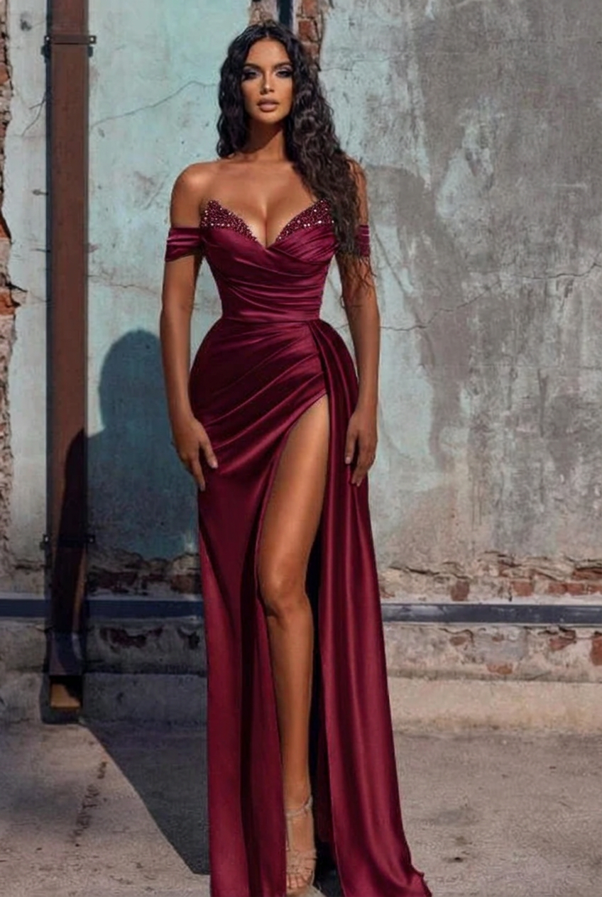 Burgundy off-the-shoulder ruffled mermaid prom dress