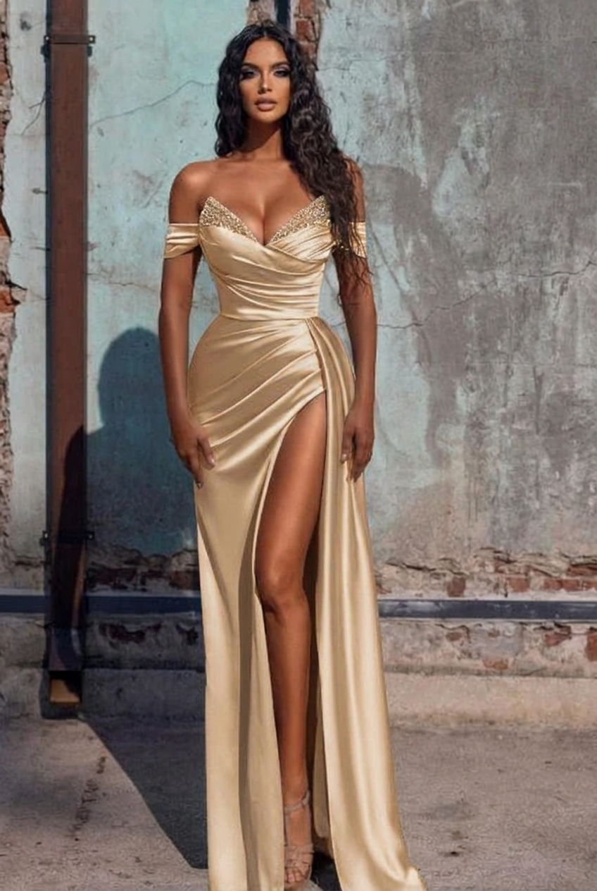 Champagne off-the-shoulder ruffled mermaid prom dress