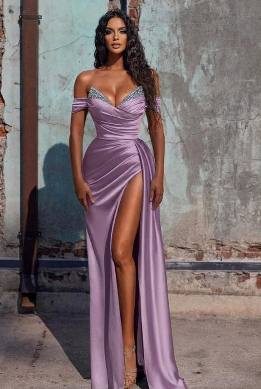 Lilac off-the-shoulder ruffled mermaid prom dress