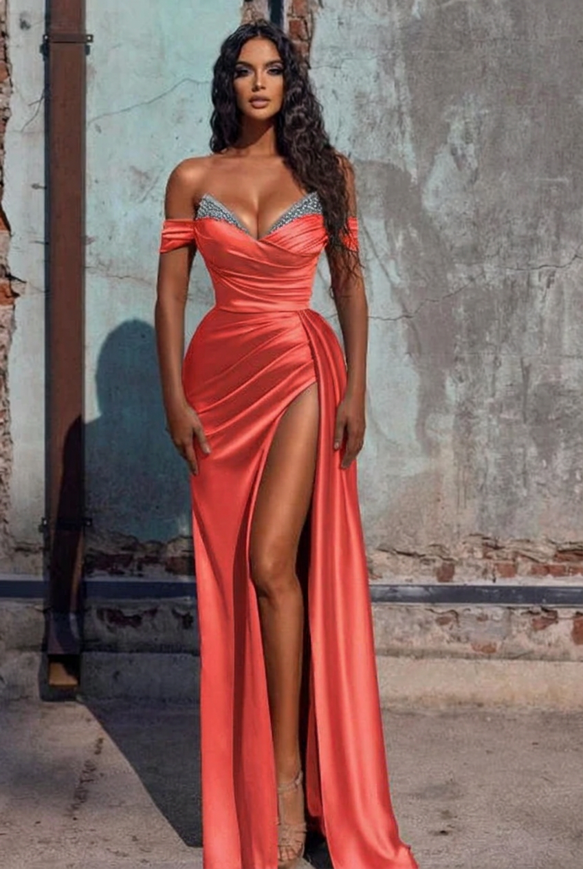 Coral off-the-shoulder ruffled mermaid prom dress