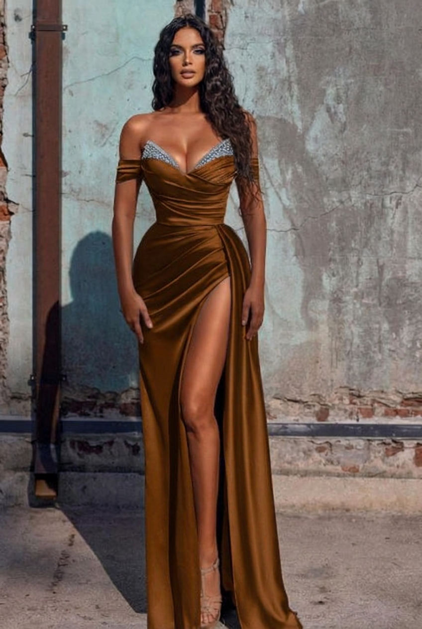 Chocolate off-the-shoulder ruffled mermaid prom dress