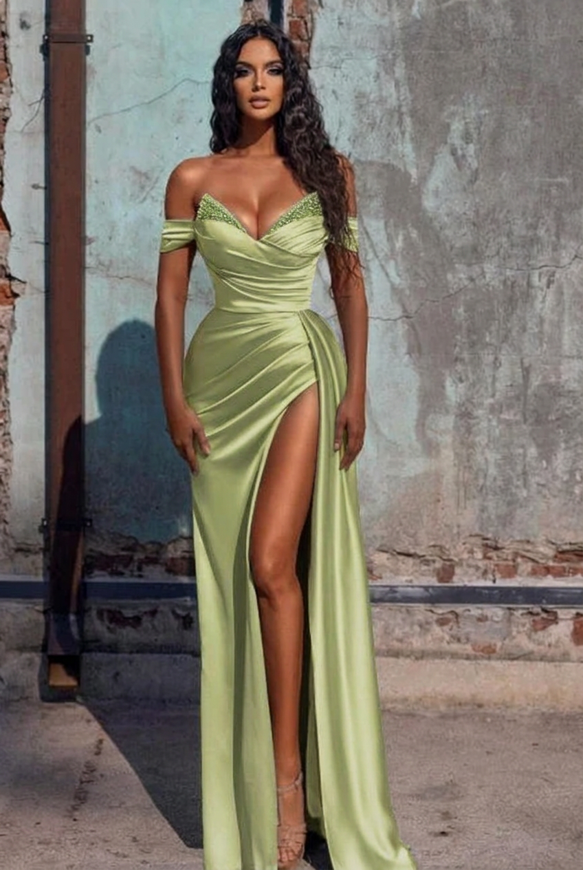 Sage off-the-shoulder ruffled mermaid prom dress