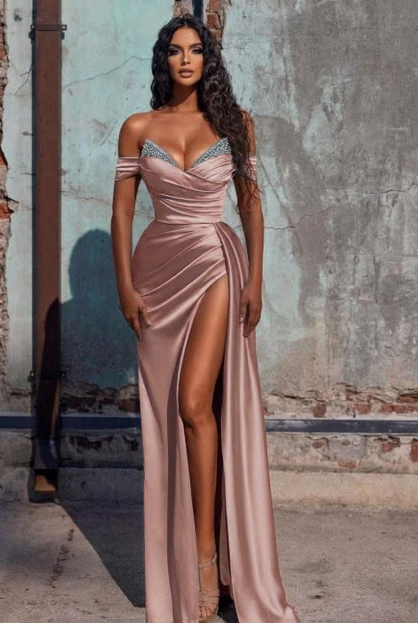 Dusty rose off-the-shoulder ruffled mermaid prom dress