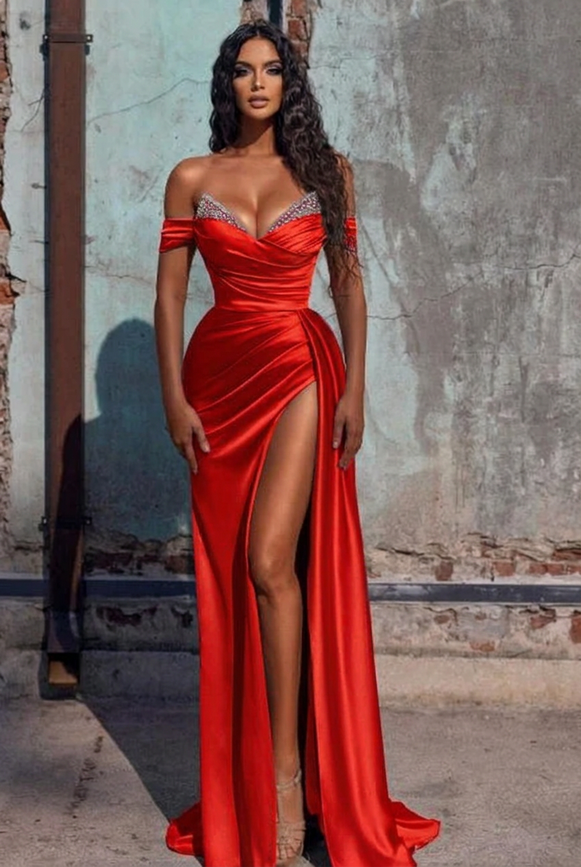 Red off-the-shoulder ruffled mermaid prom dress