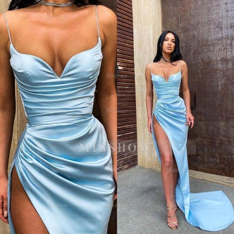 Light blue sweetheart split-front mermaid prom dress